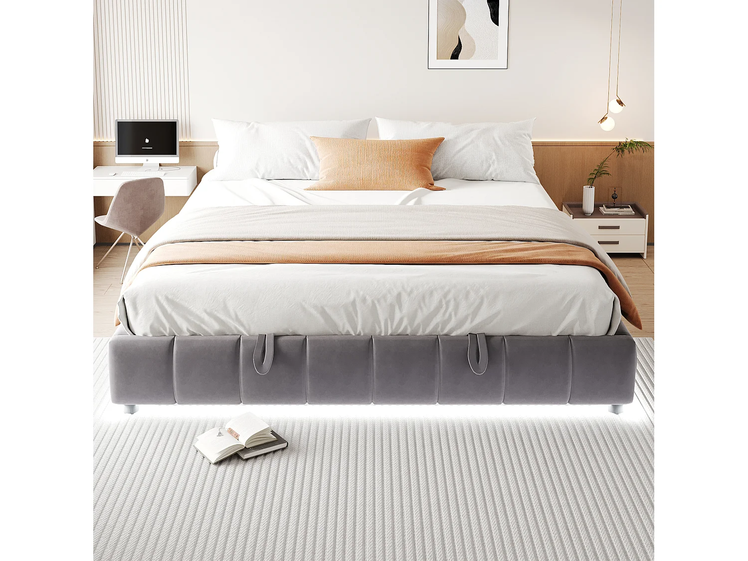 Cama tapizada de 180 x 200 cm con espacio de almacenaje y LED, cama doble sin cabecero, color gris.