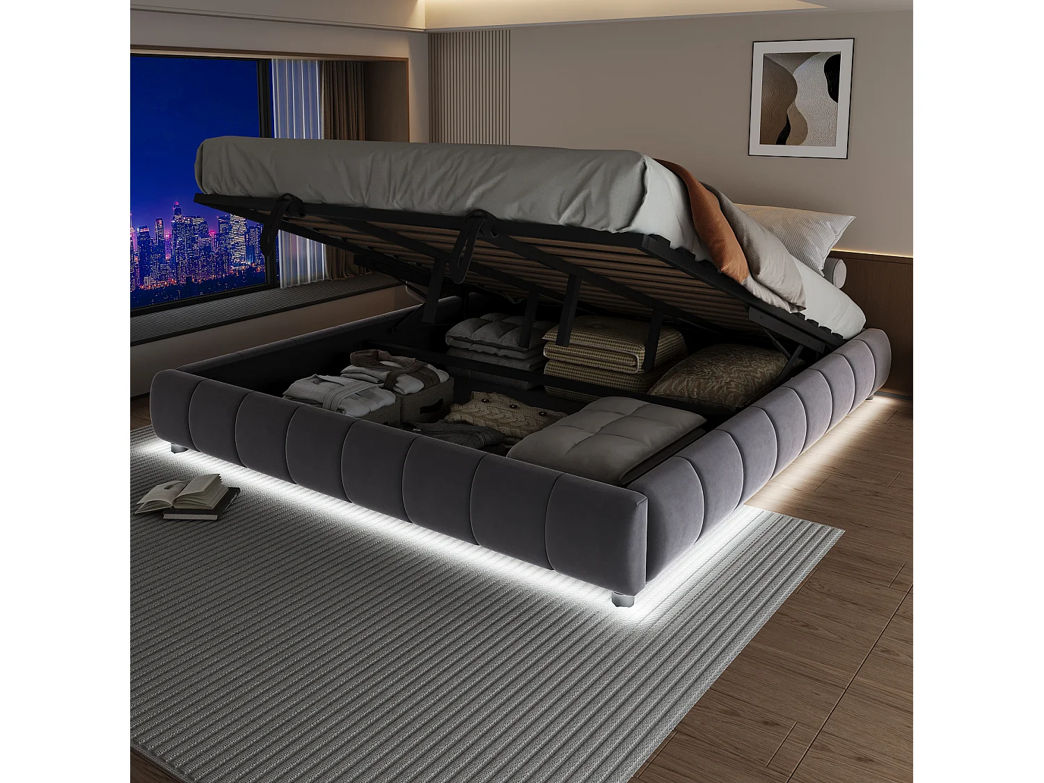 Cama tapizada de 180 x 200 cm con espacio de almacenaje y LED, cama doble sin cabecero, color gris.