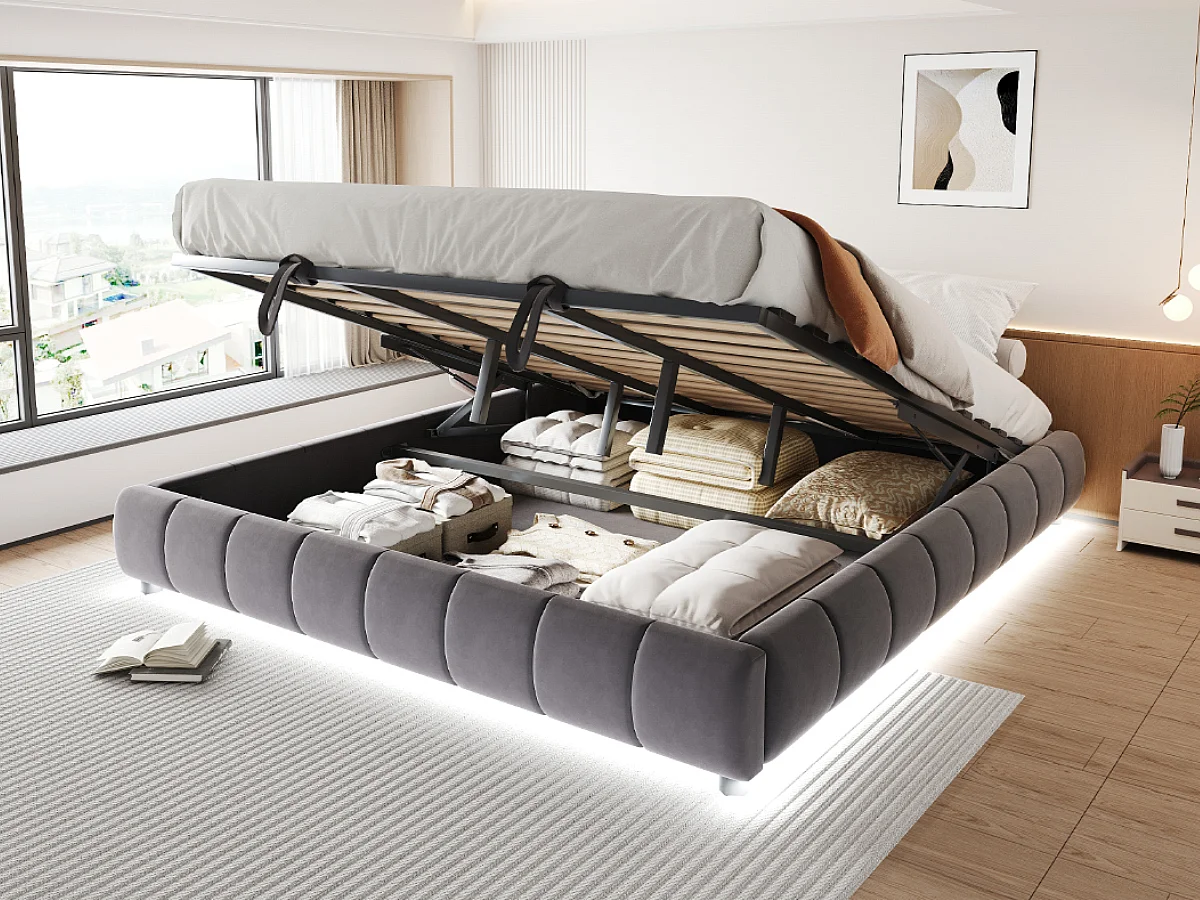 Cama tapizada de 180 x 200 cm con espacio de almacenaje y LED, cama doble sin cabecero, color gris.