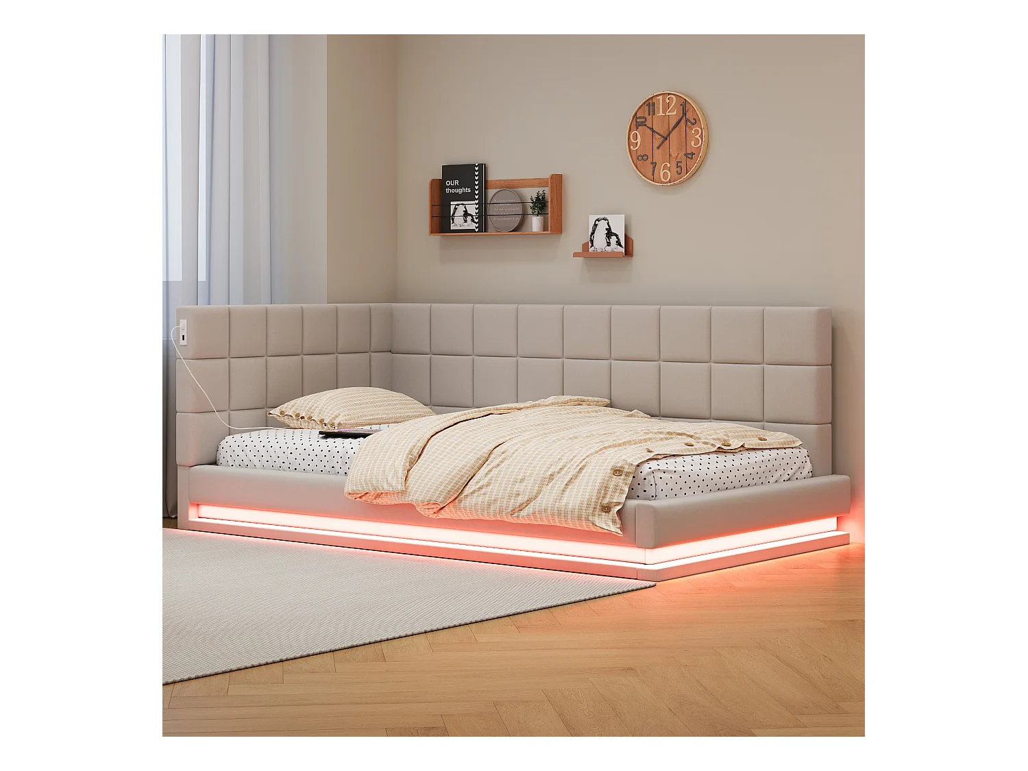 Letto imbottito con LED e USB, struttura letto con rete a doghe, divano letto, Beige-90 x 200cm
