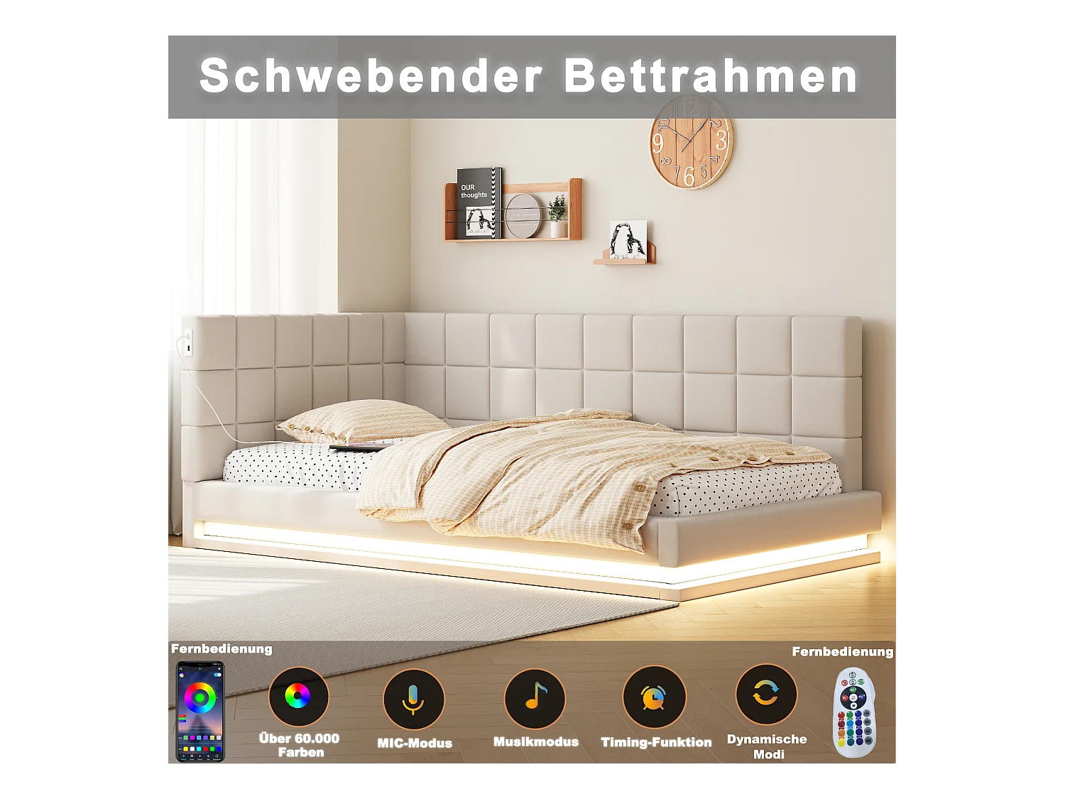 Letto imbottito con LED e USB, struttura letto con rete a doghe, divano letto, Beige-90 x 200cm