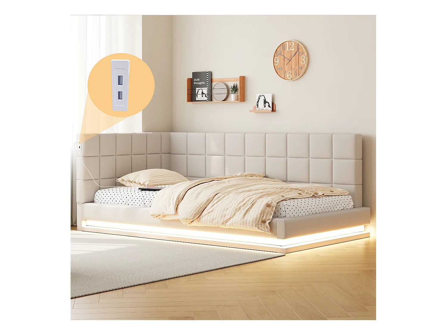 Letto imbottito con LED e USB, struttura letto con rete a doghe, divano letto, Beige-90 x 200cm