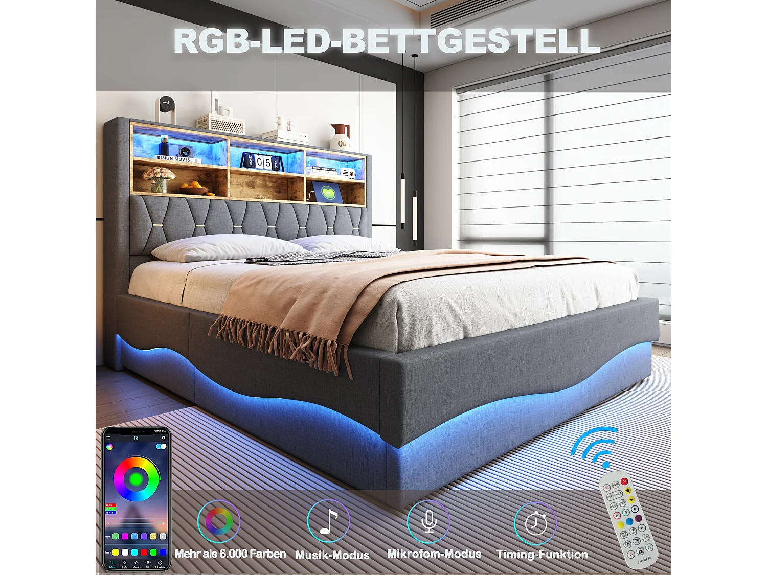 Letto 180x200 con LED e USB, con vano contenitore, letto matrimoniale con rete a doghe, lino, grigio