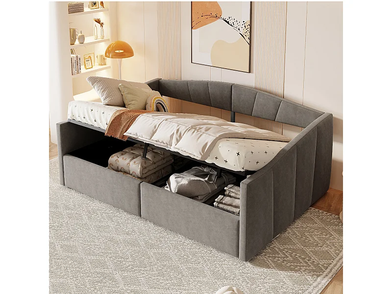Letto matrimoniale 140x200 cm con contenitore idraulico, divano letto con rete a doghe, grigio chiaro