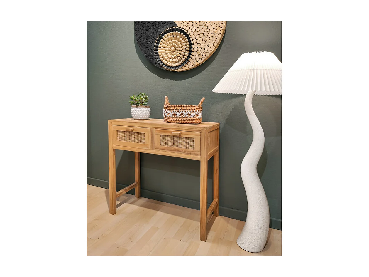 Console L. 80 cm en teck massif 2 tiroirs cannage en rotin - CAMILO