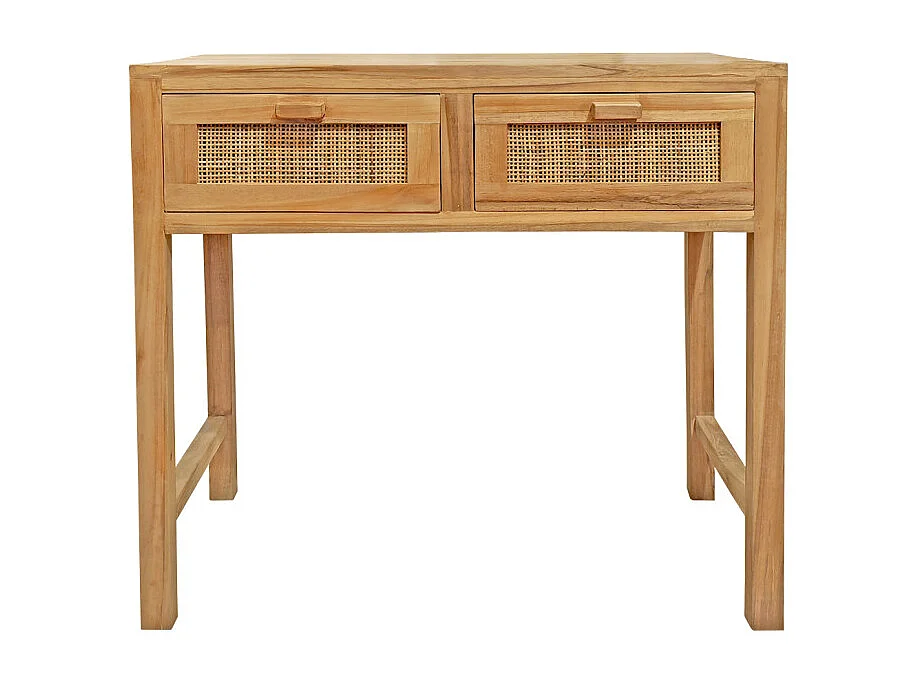 Console L. 80 cm en teck massif 2 tiroirs cannage en rotin - CAMILO