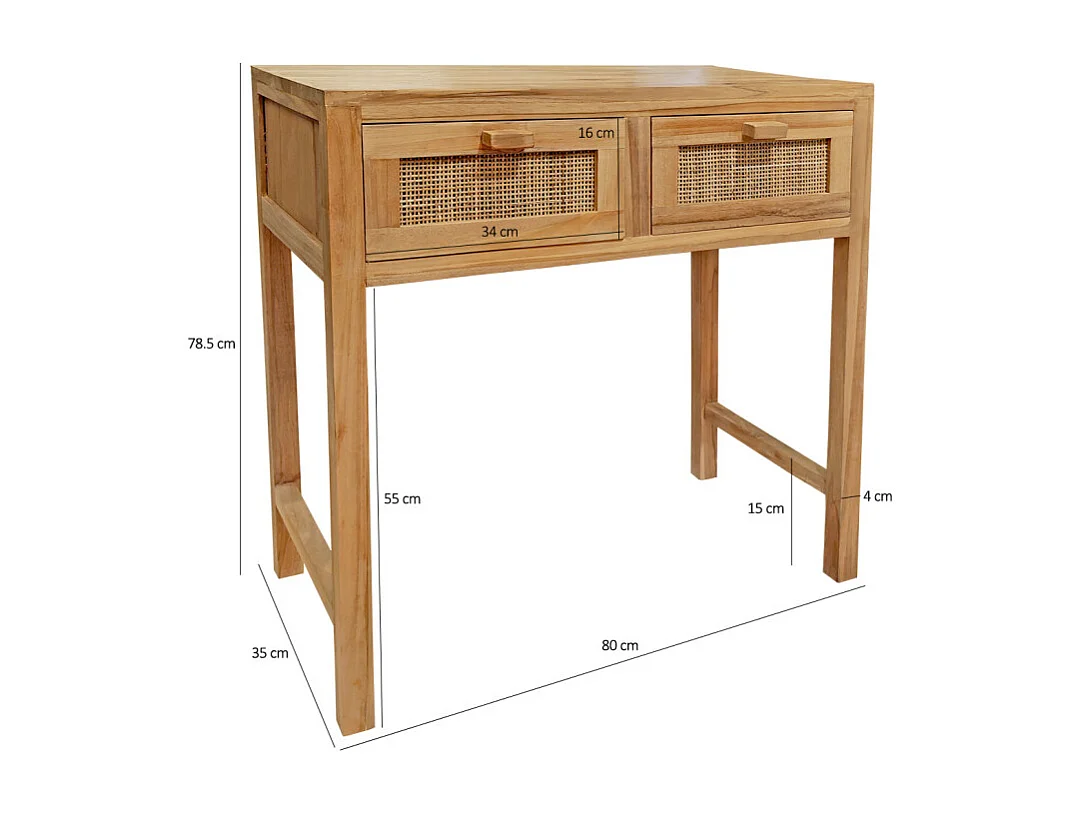 Console L. 80 cm en teck massif 2 tiroirs cannage en rotin - CAMILO