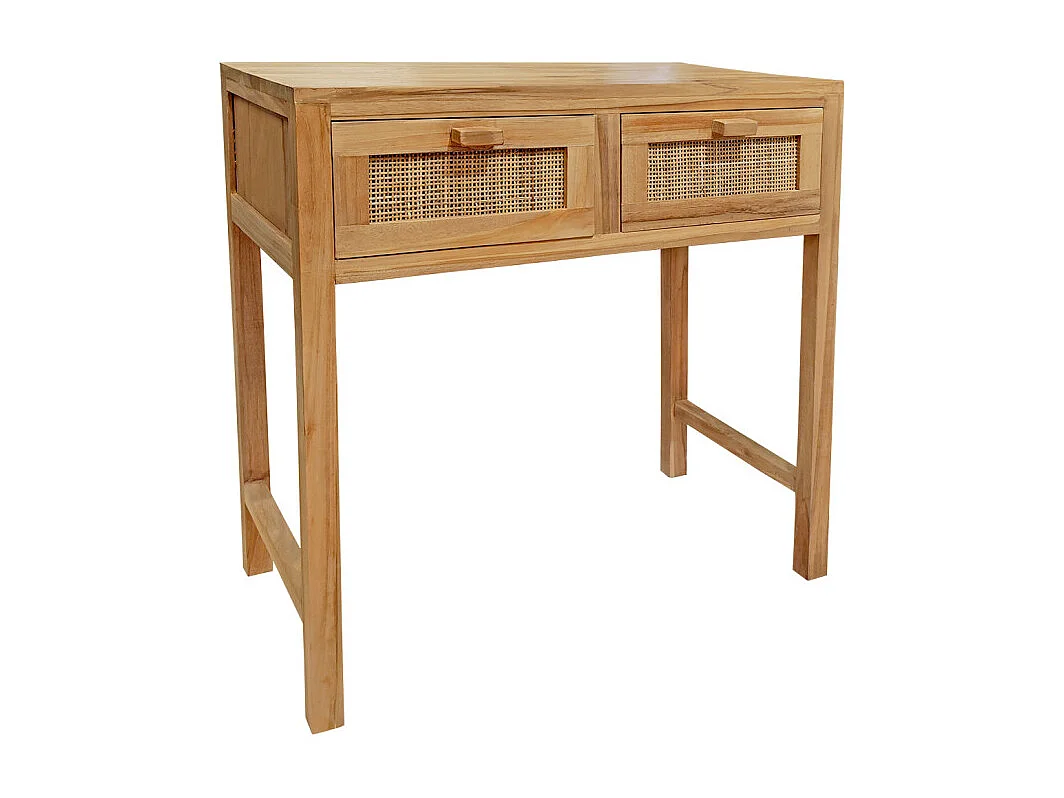 Console L. 80 cm en teck massif 2 tiroirs cannage en rotin - CAMILO