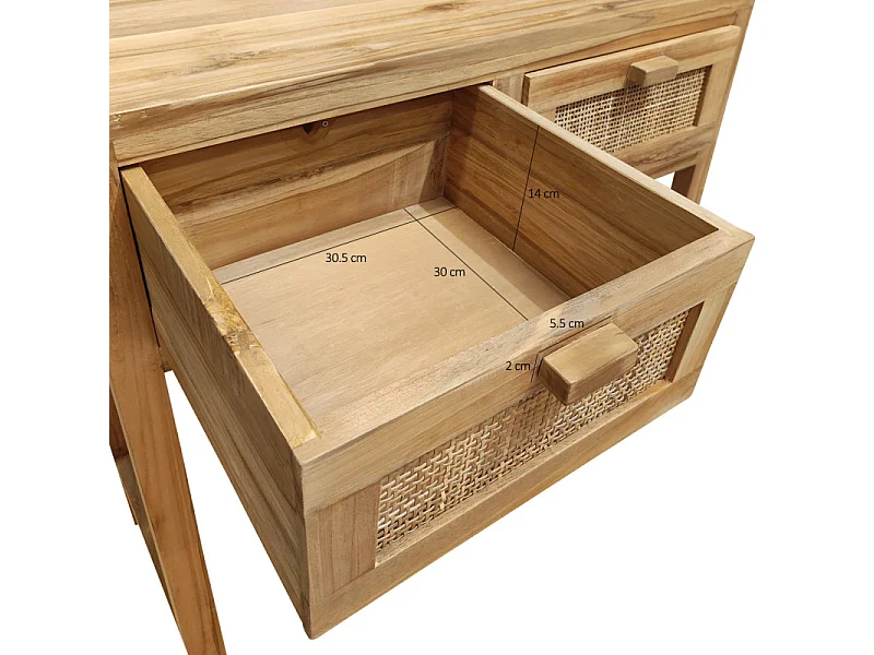 Console L. 80 cm en teck massif 2 tiroirs cannage en rotin - CAMILO