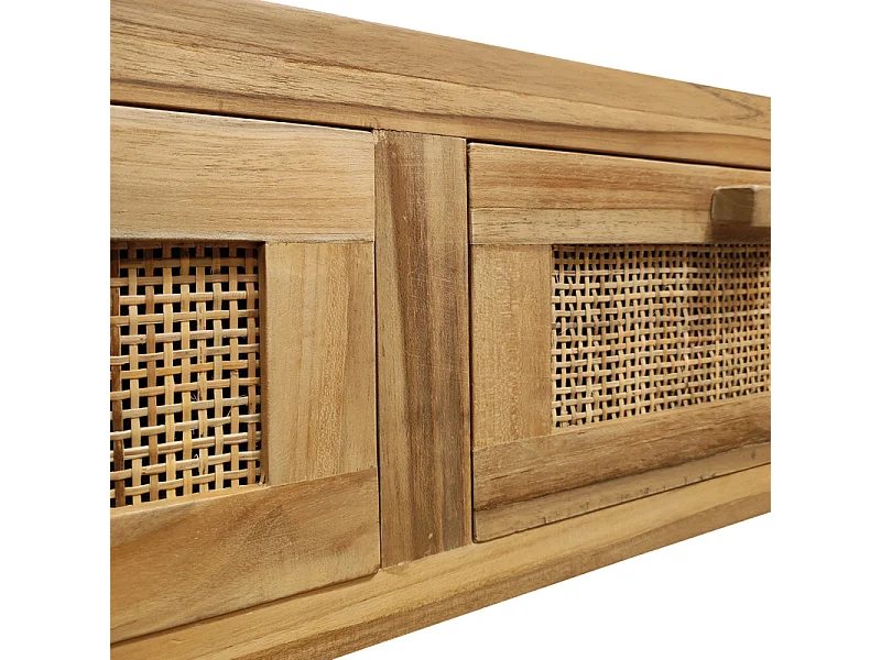 Console L. 80 cm en teck massif 2 tiroirs cannage en rotin - CAMILO