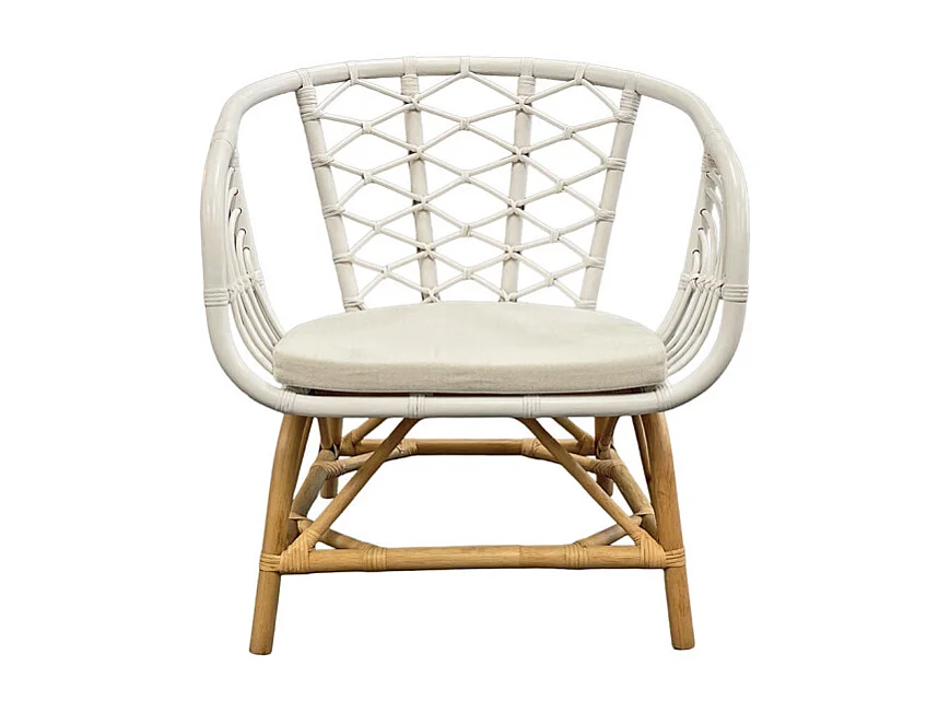 Fauteuil arrondi en rotin tressé blanc et couleur naturelle – VIOLA