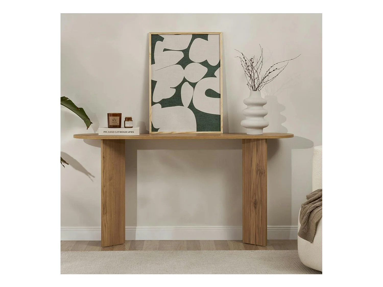 Console de salon ovale effet chêne - pieds en V MARFA