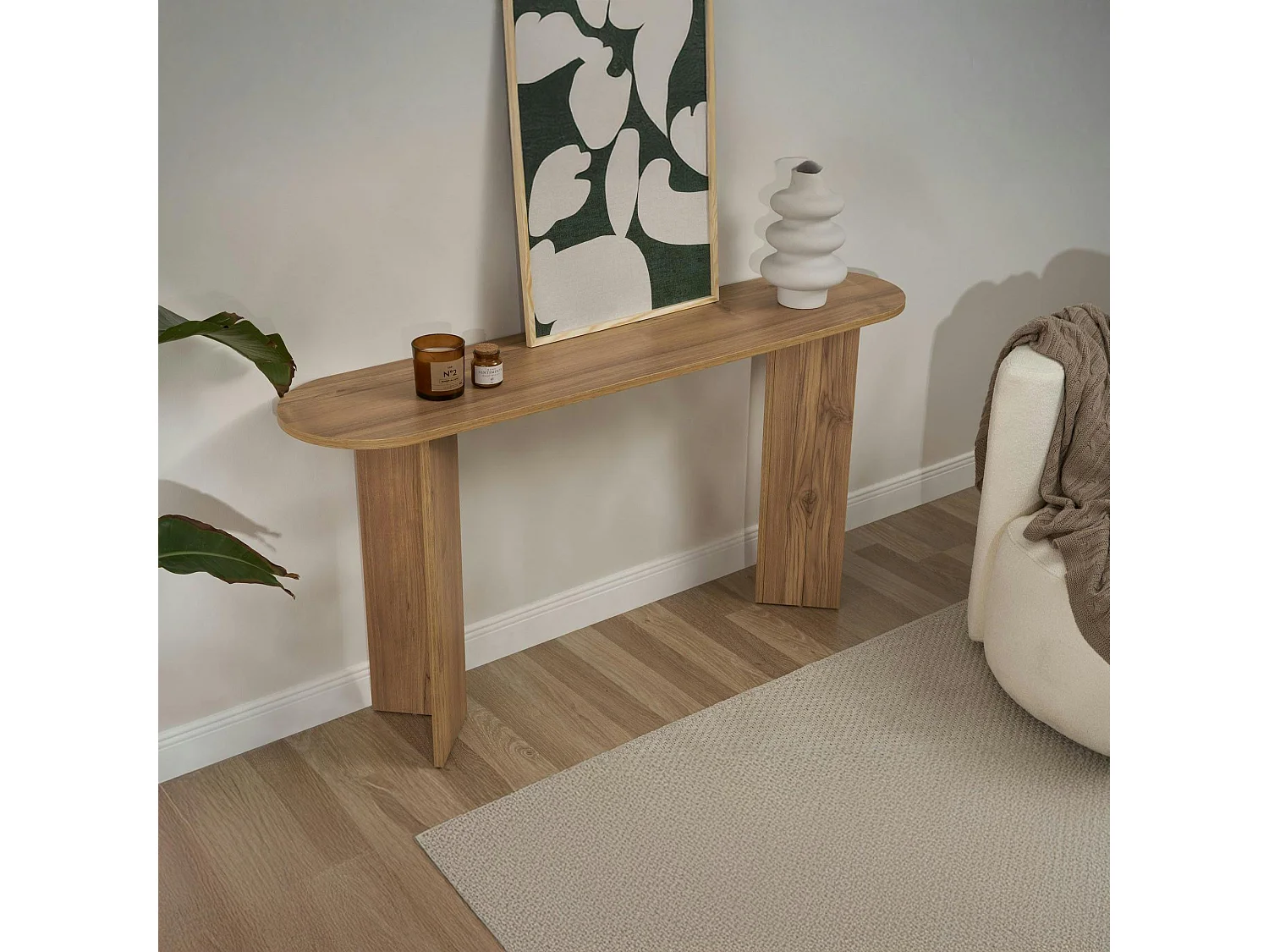 Console de salon ovale effet chêne - pieds en V MARFA