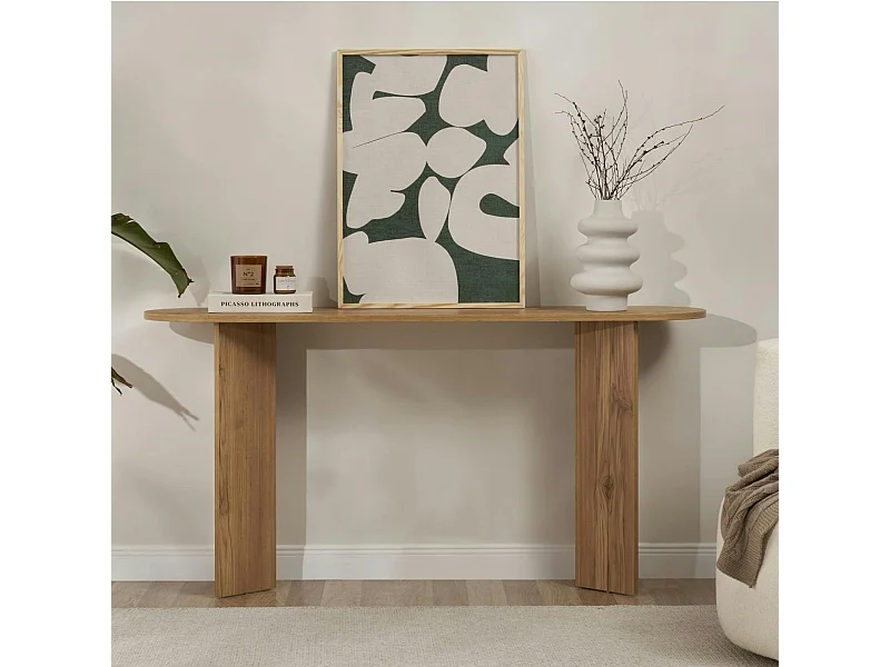 Console de salon ovale effet chêne - pieds en V MARFA