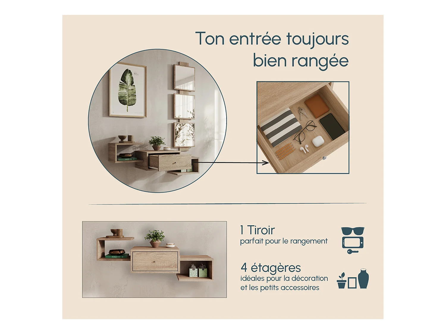 Meuble d'entrée pour Hall d'entrée Couloir en Sonoma 99,5x22x145cm Neo