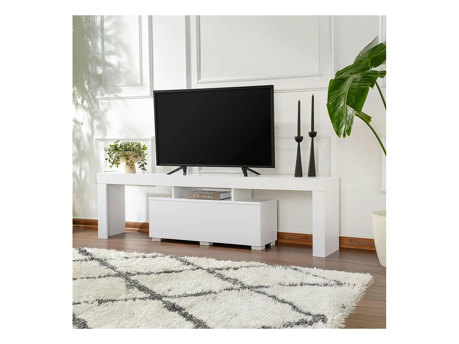 Banc TV moderne blanc avec rangement - effet laque MARFA