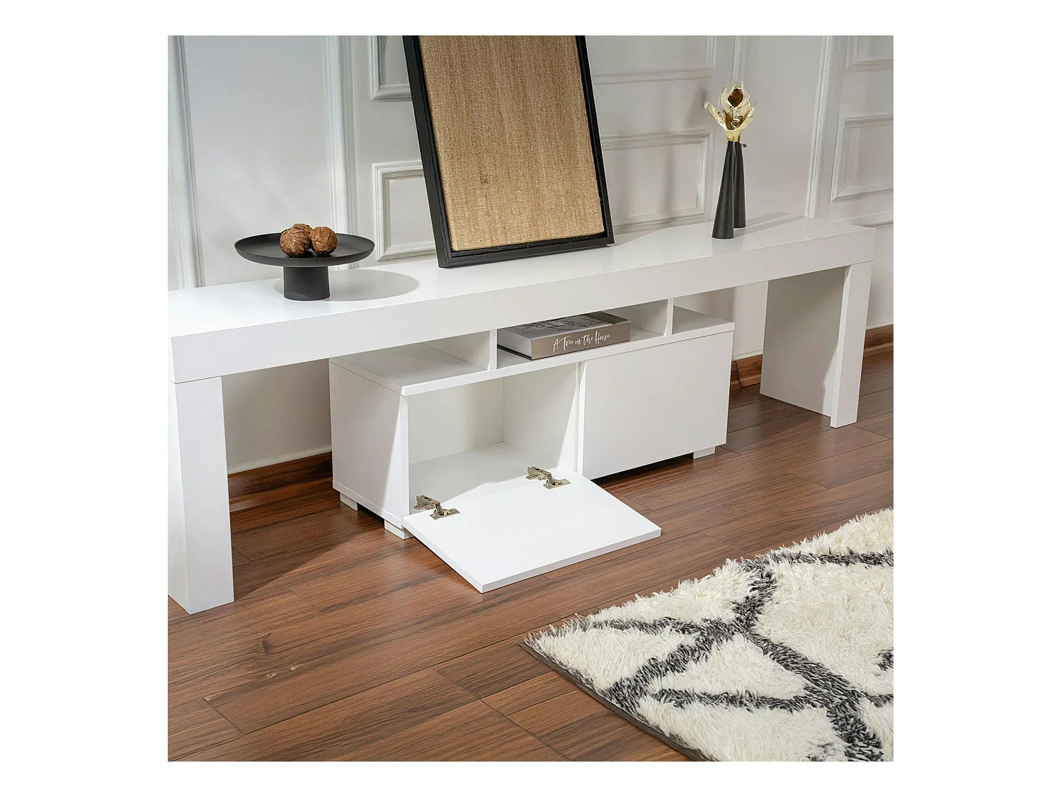 Banc TV moderne blanc avec rangement - effet laque MARFA