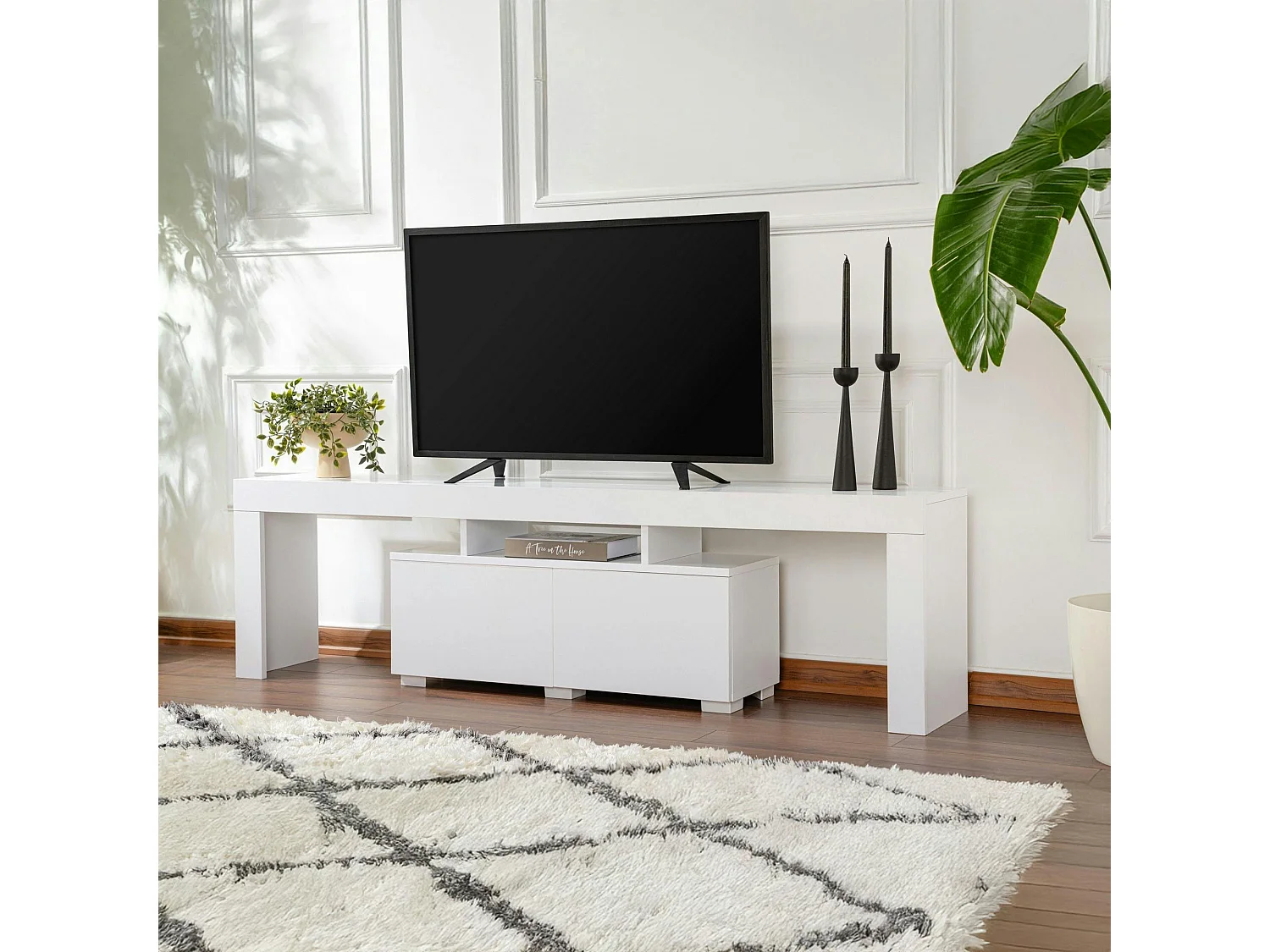 Banc TV moderne blanc avec rangement - effet laque MARFA