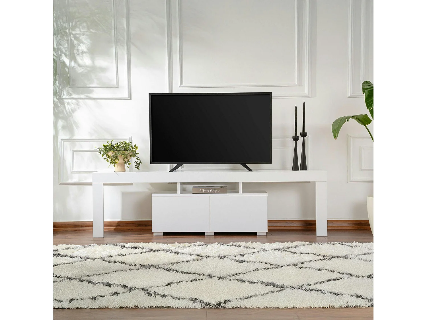 Banc TV moderne blanc avec rangement - effet laque MARFA