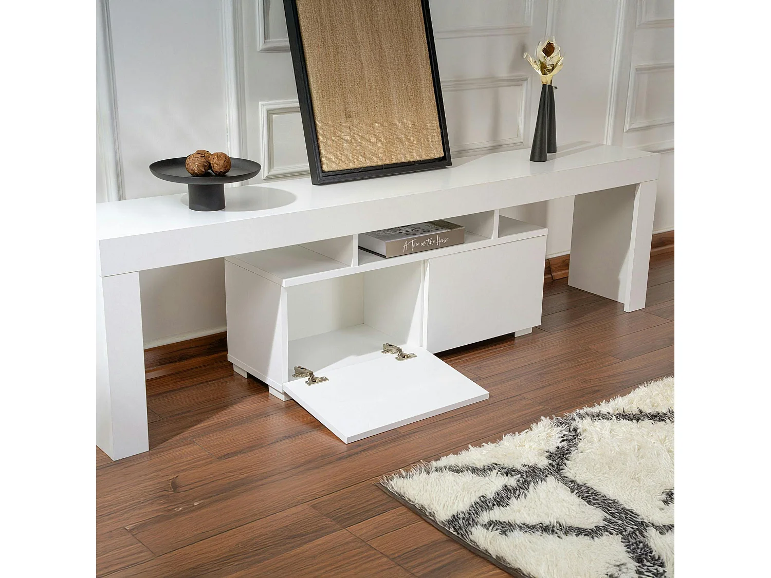 Banc TV moderne blanc avec rangement - effet laque MARFA