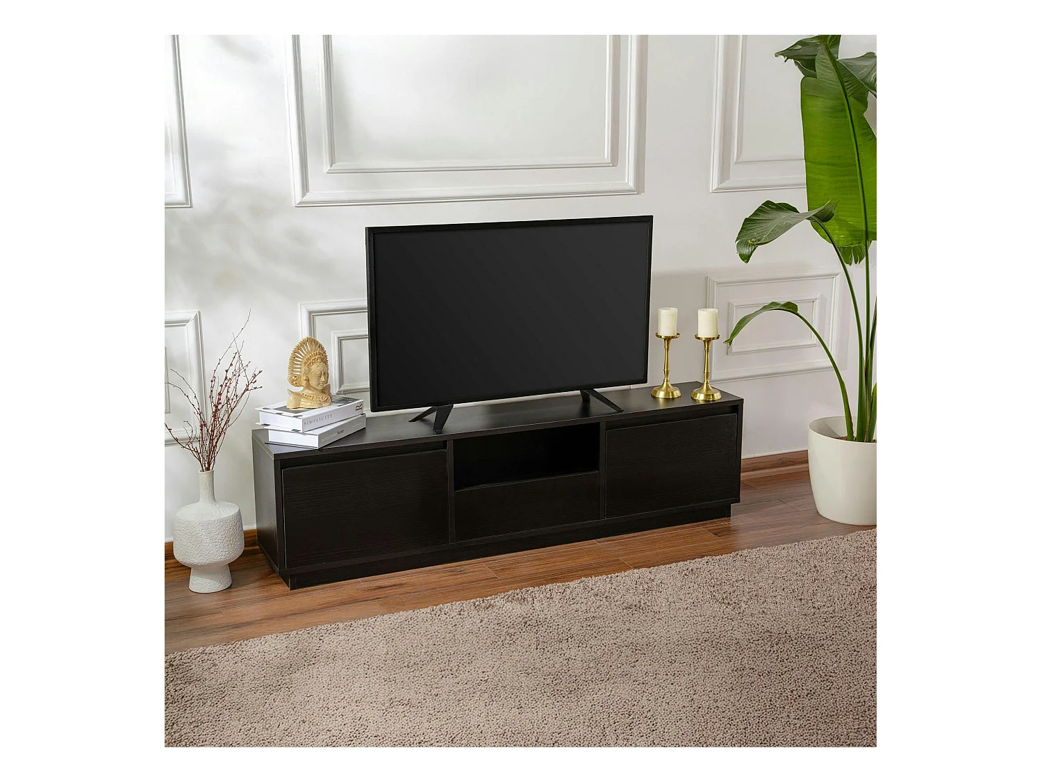 Meuble TV noir avec rangement - effet bois MARFA