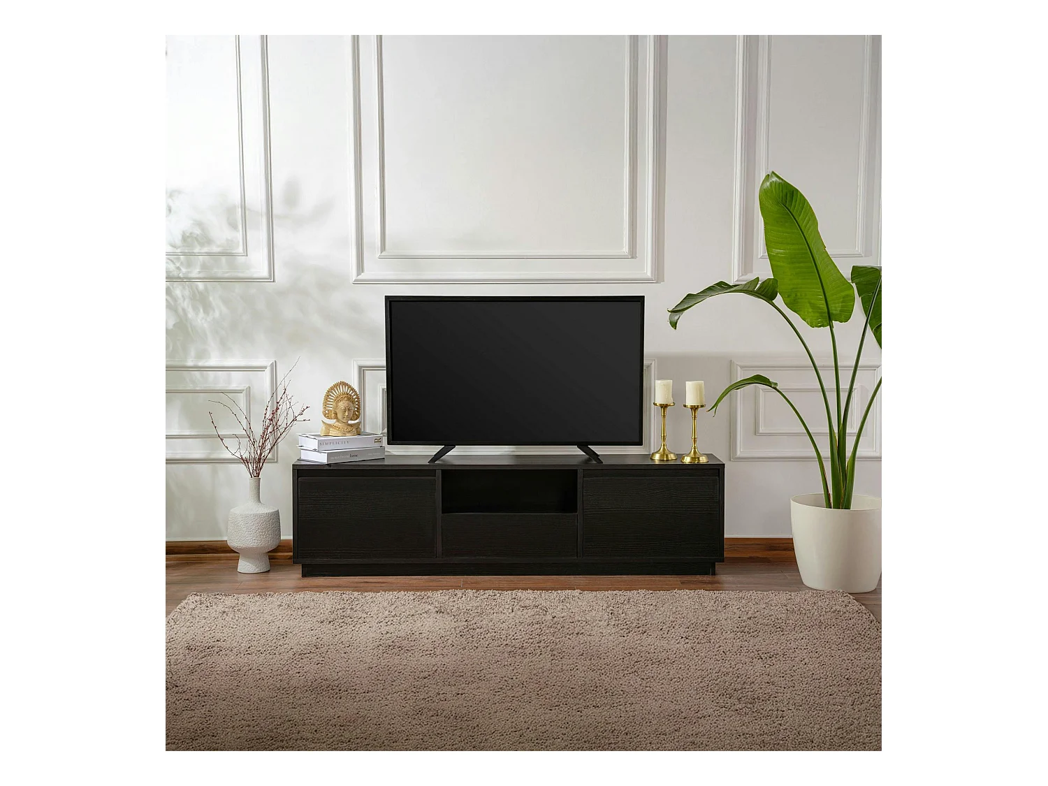 Meuble TV noir avec rangement - effet bois MARFA