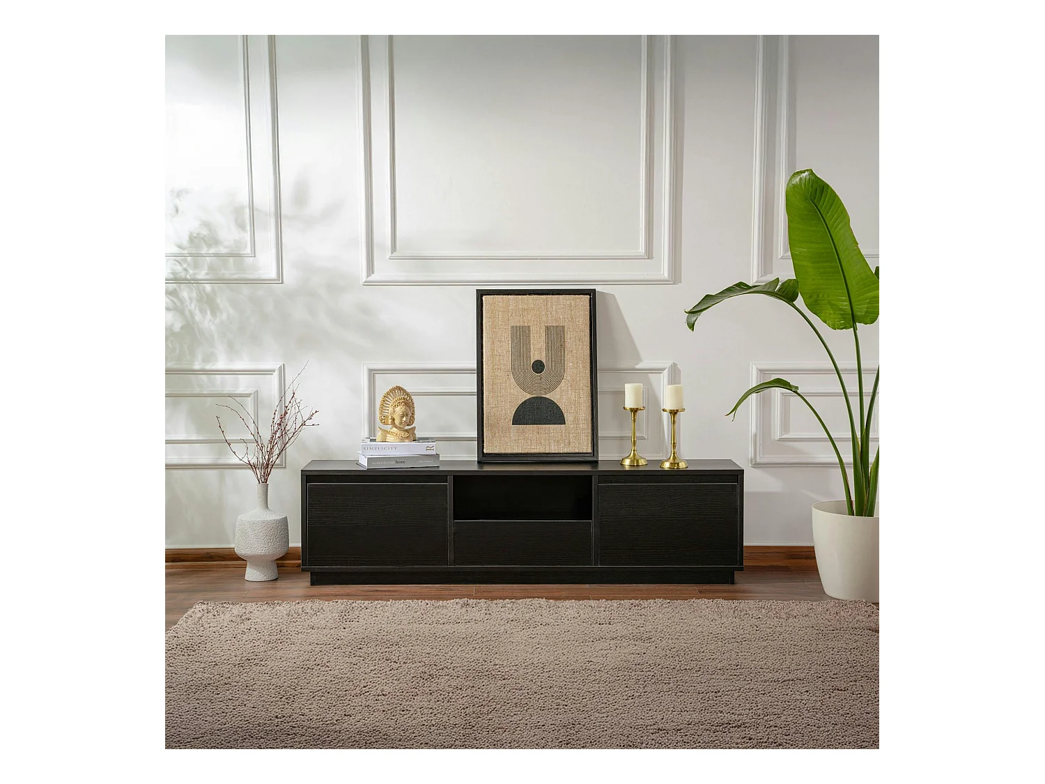 Meuble TV noir avec rangement - effet bois MARFA