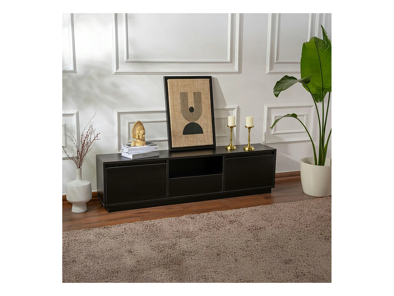 Meuble TV noir avec rangement - effet bois MARFA