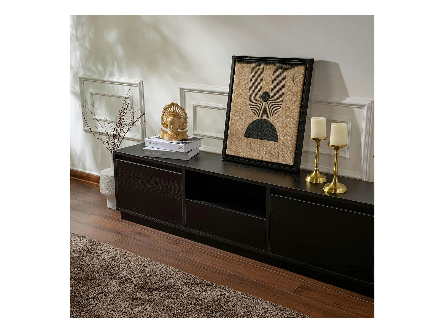 Meuble TV noir avec rangement - effet bois MARFA