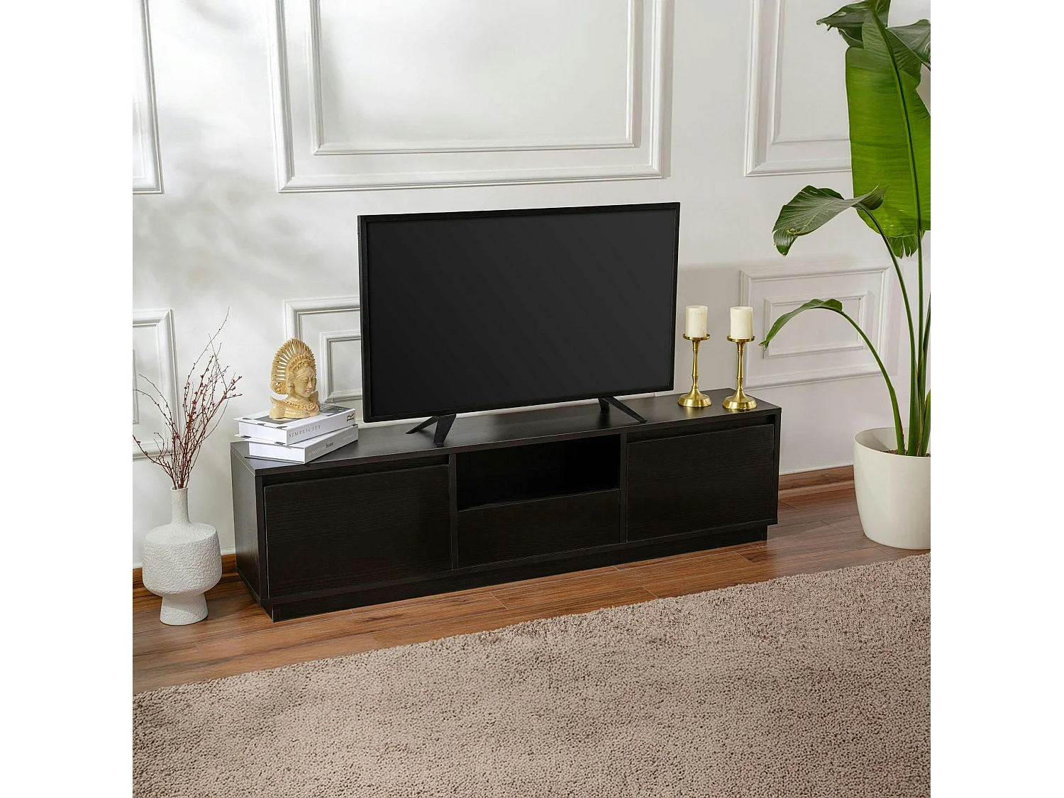 Meuble TV noir avec rangement - effet bois MARFA