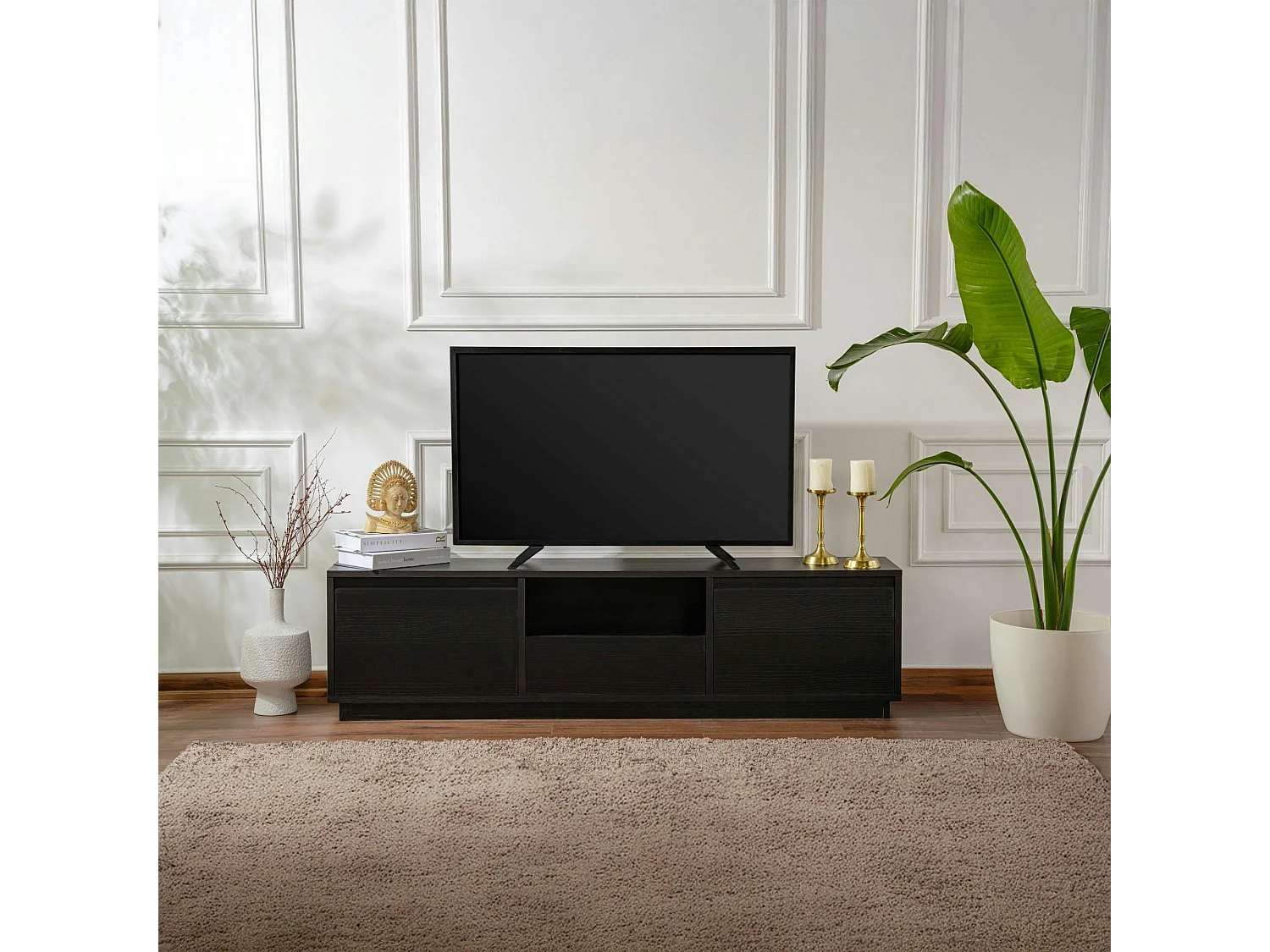 Meuble TV noir avec rangement - effet bois MARFA