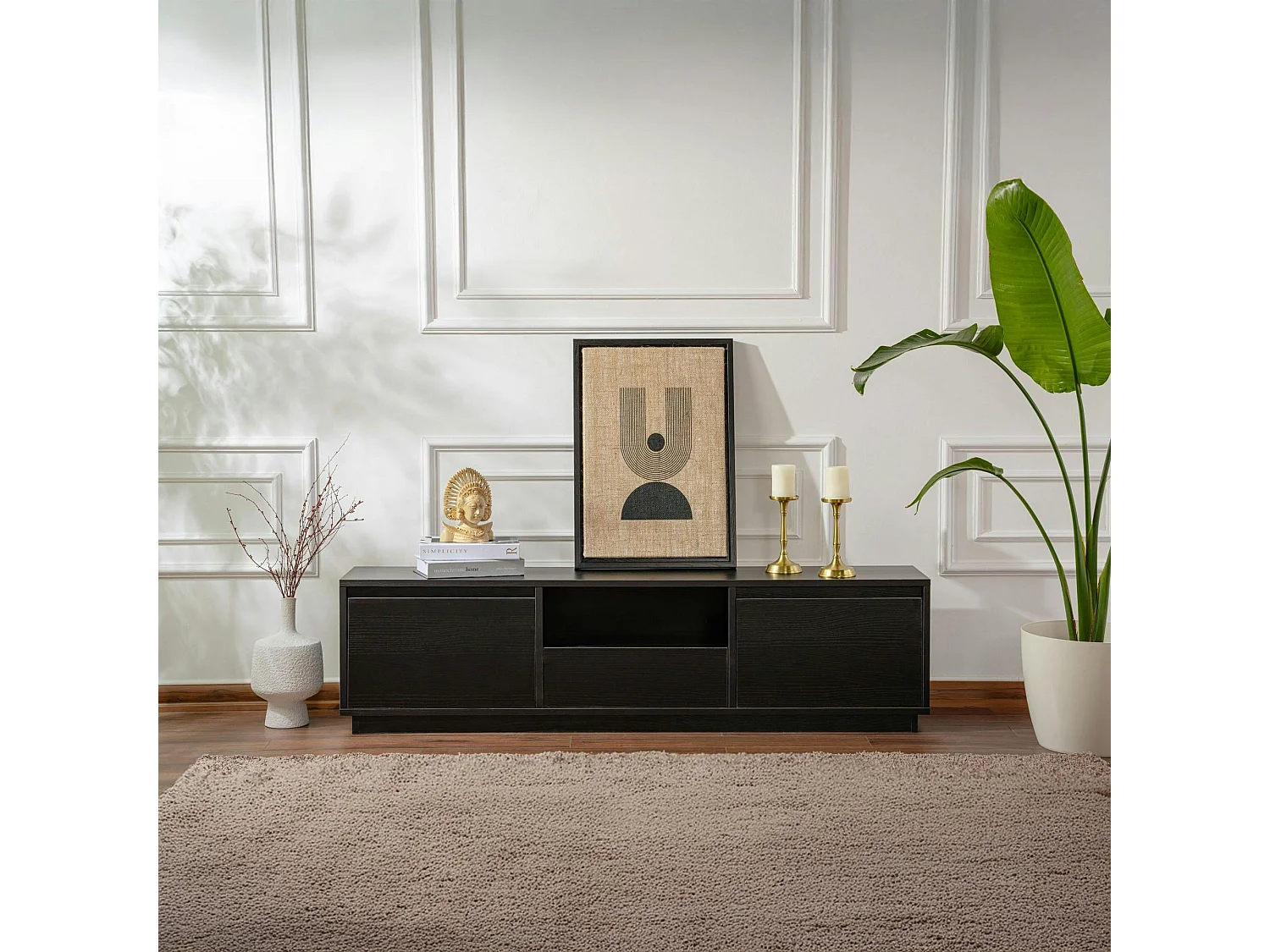 Meuble TV noir avec rangement - effet bois MARFA