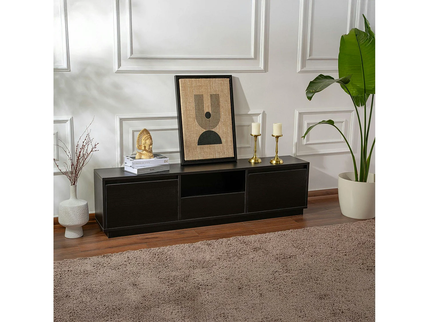 Meuble TV noir avec rangement - effet bois MARFA