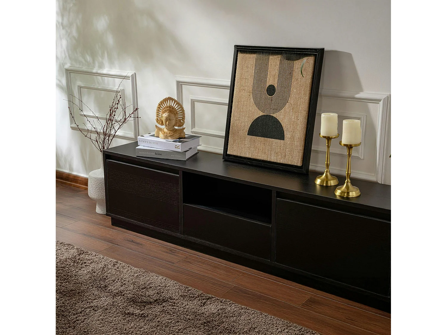 Meuble TV noir avec rangement - effet bois MARFA