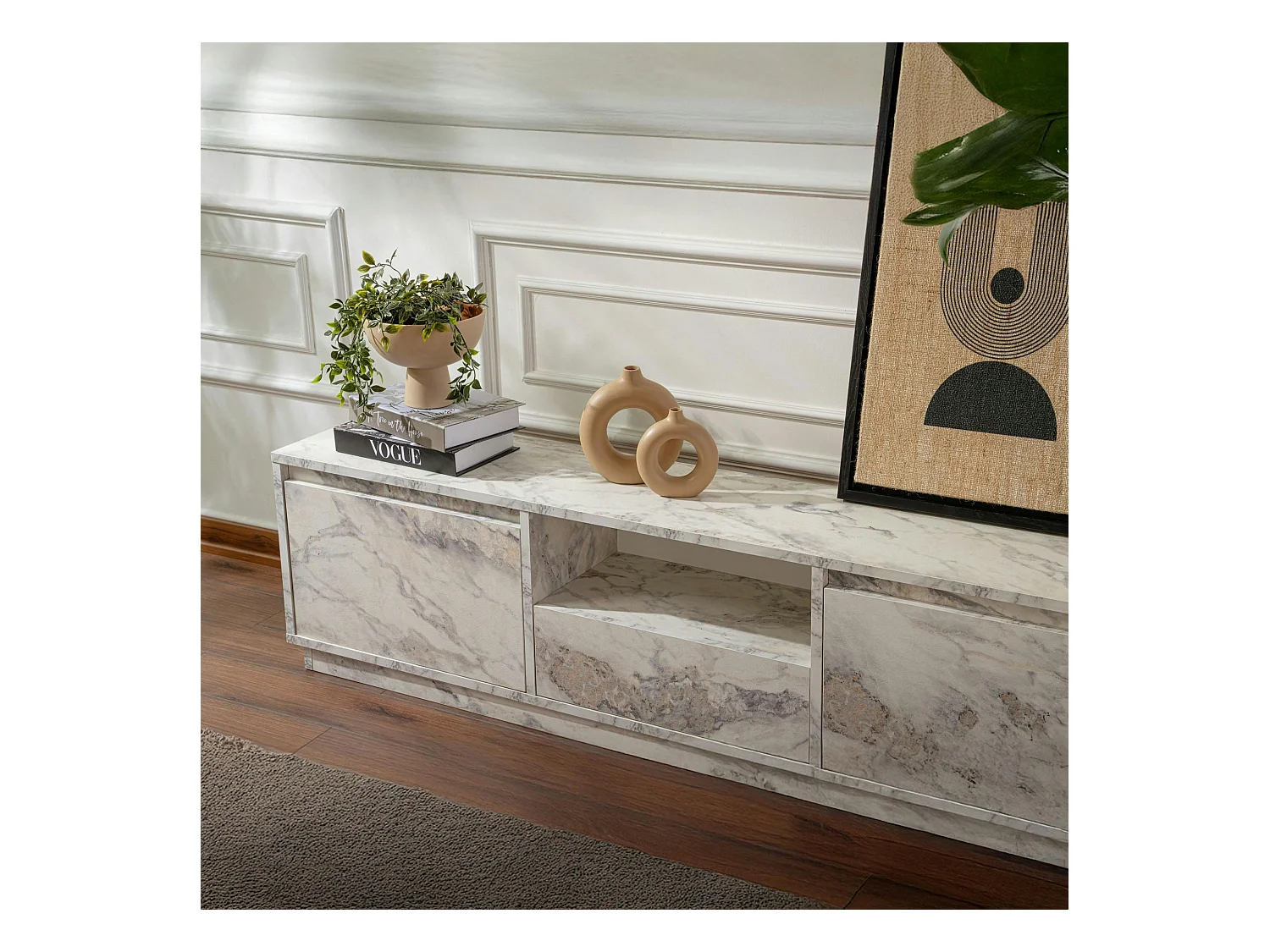 Meuble TV avec rangement - effet marbre MARFA