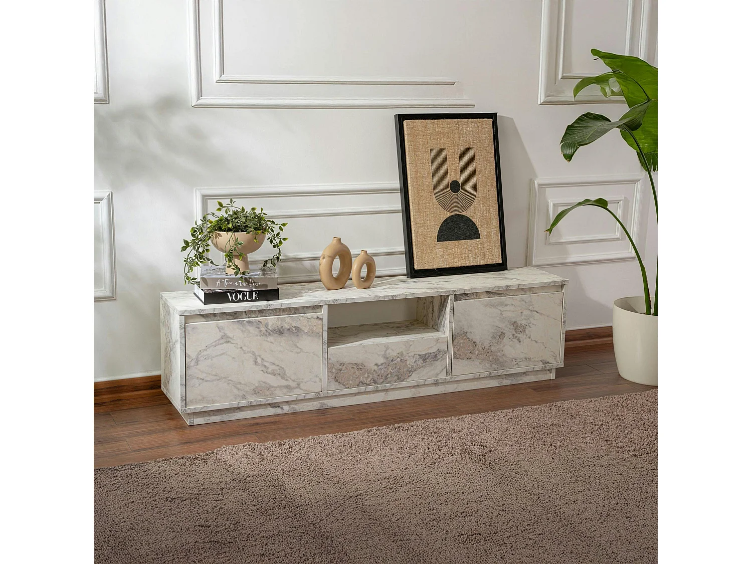 Meuble TV avec rangement - effet marbre MARFA