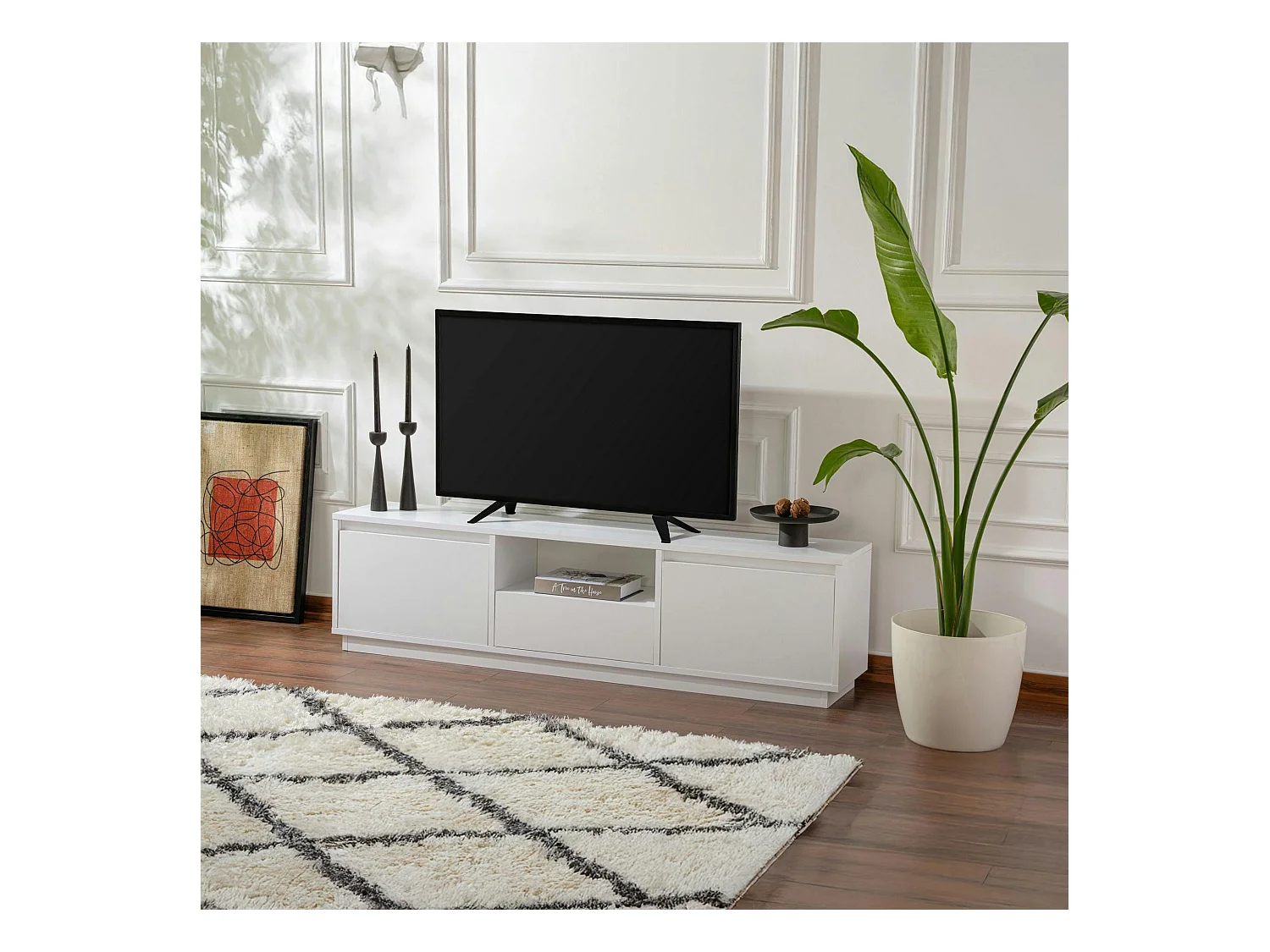 Meuble TV blanc avec rangement - effet laque MARFA