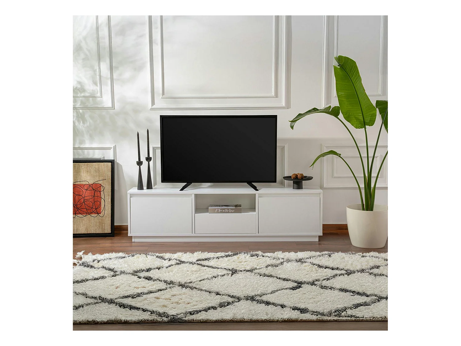 Meuble TV blanc avec rangement - effet laque MARFA