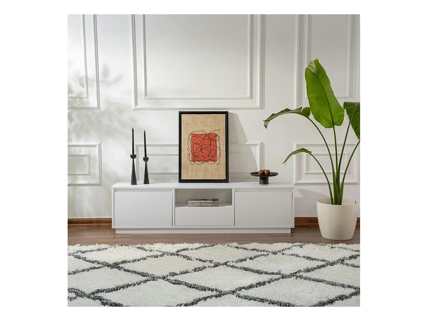 Meuble TV blanc avec rangement - effet laque MARFA