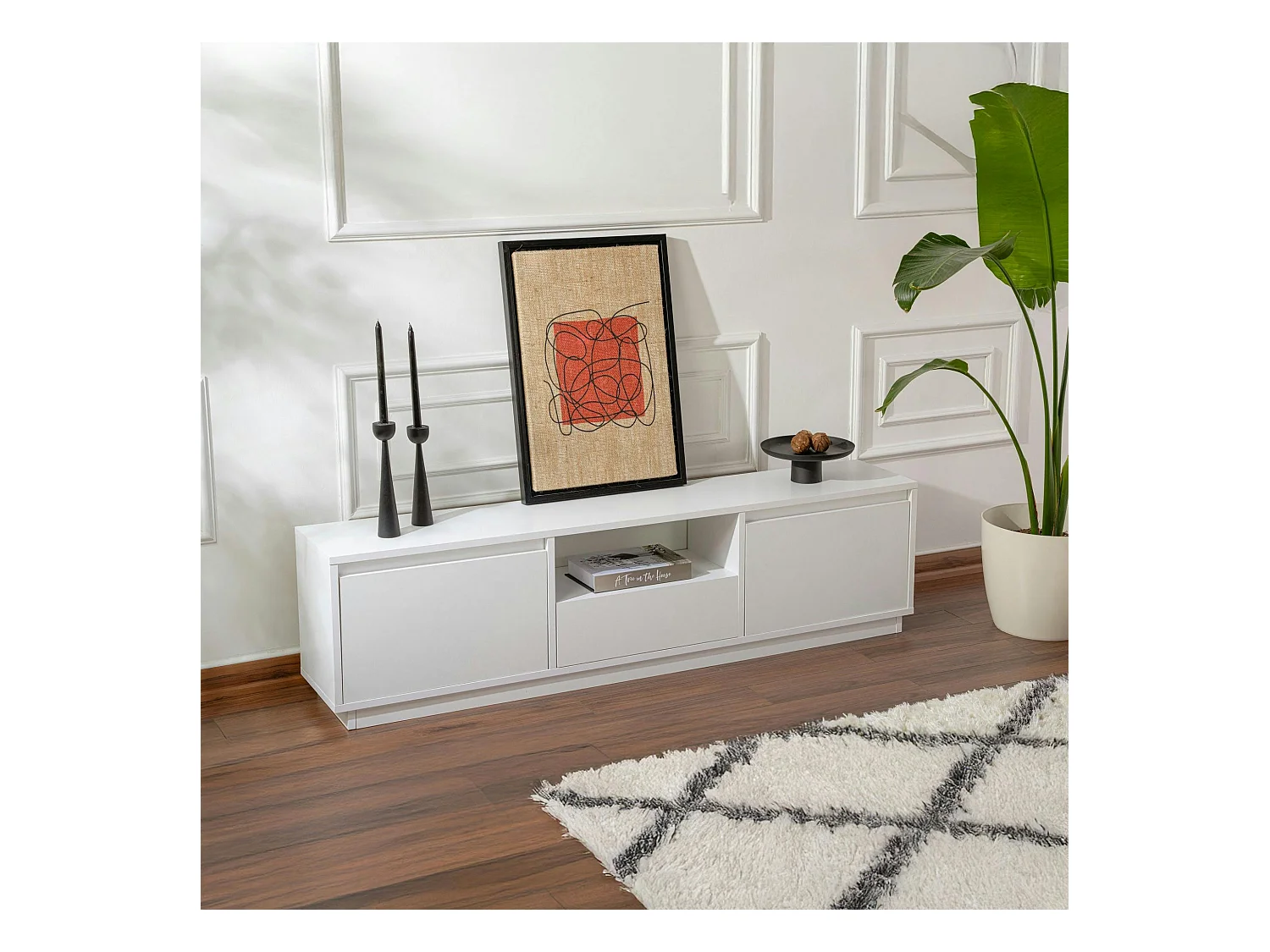 Meuble TV blanc avec rangement - effet laque MARFA