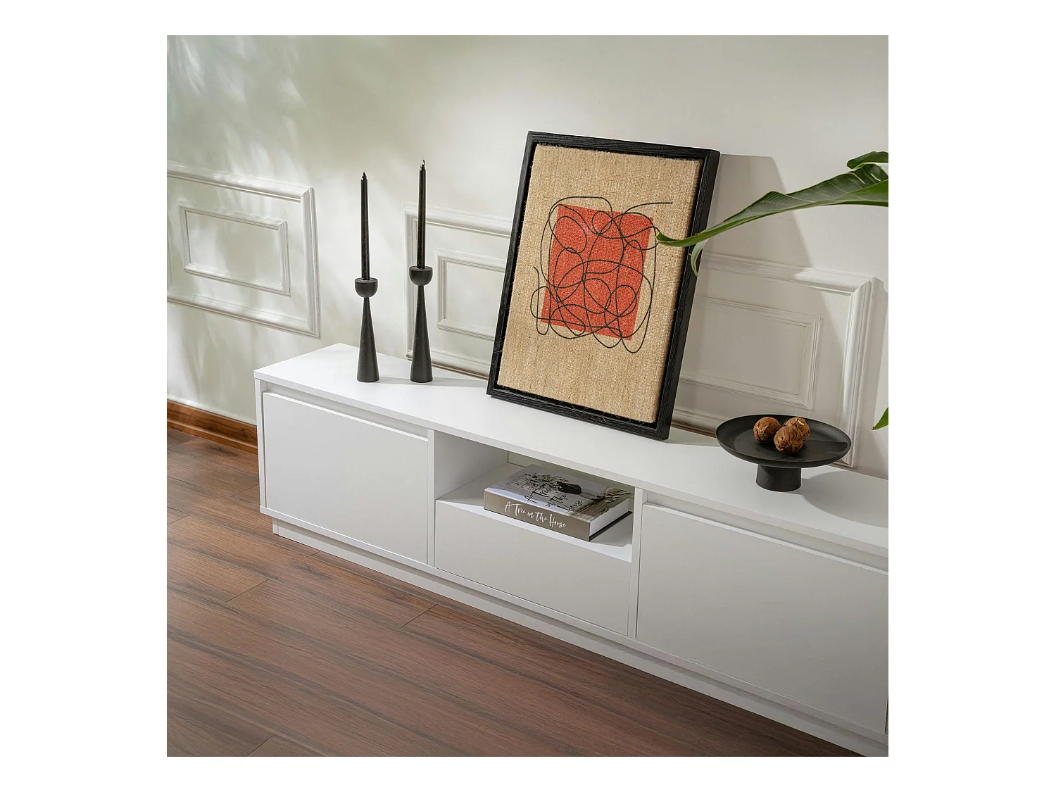 Meuble TV blanc avec rangement - effet laque MARFA