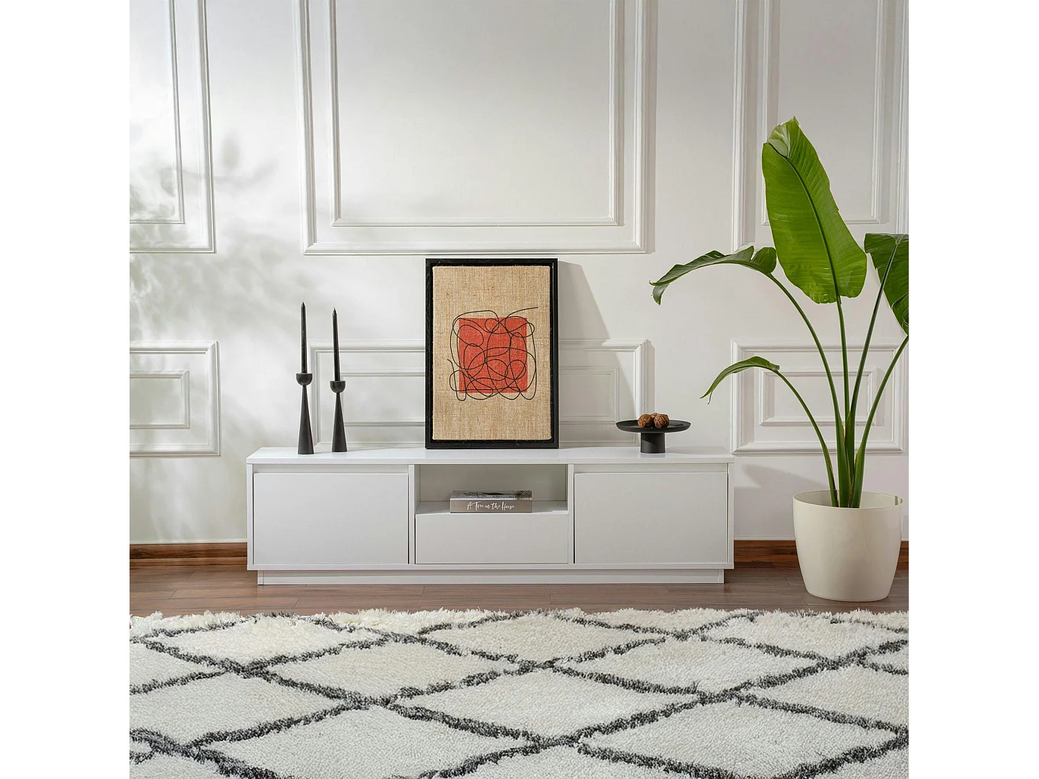 Meuble TV blanc avec rangement - effet laque MARFA