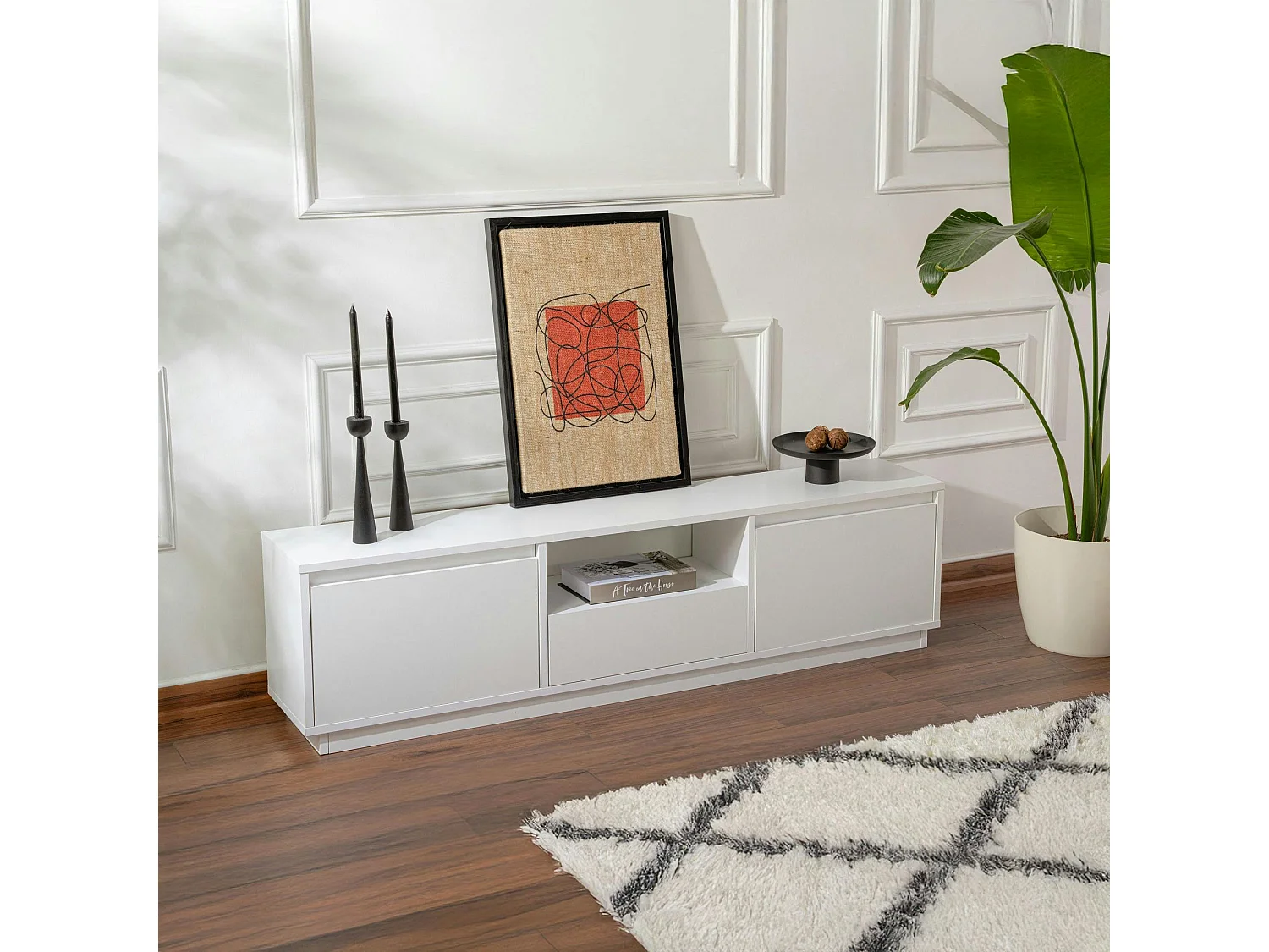 Meuble TV blanc avec rangement - effet laque MARFA