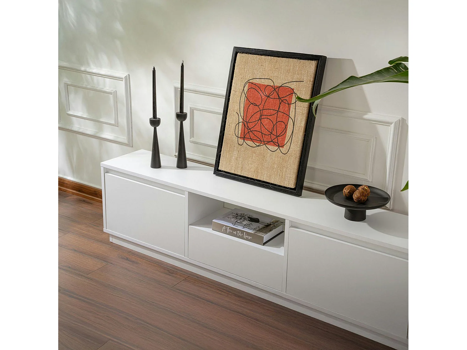 Meuble TV blanc avec rangement - effet laque MARFA