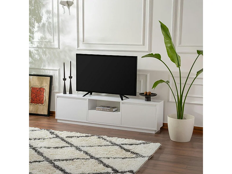 Meuble TV blanc avec rangement - effet laque MARFA