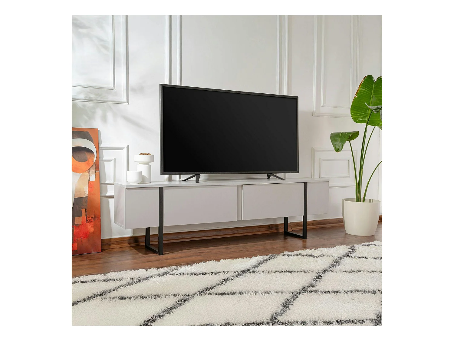 Meuble TV avec rangement - effet gris laqué, pieds noirs JENA