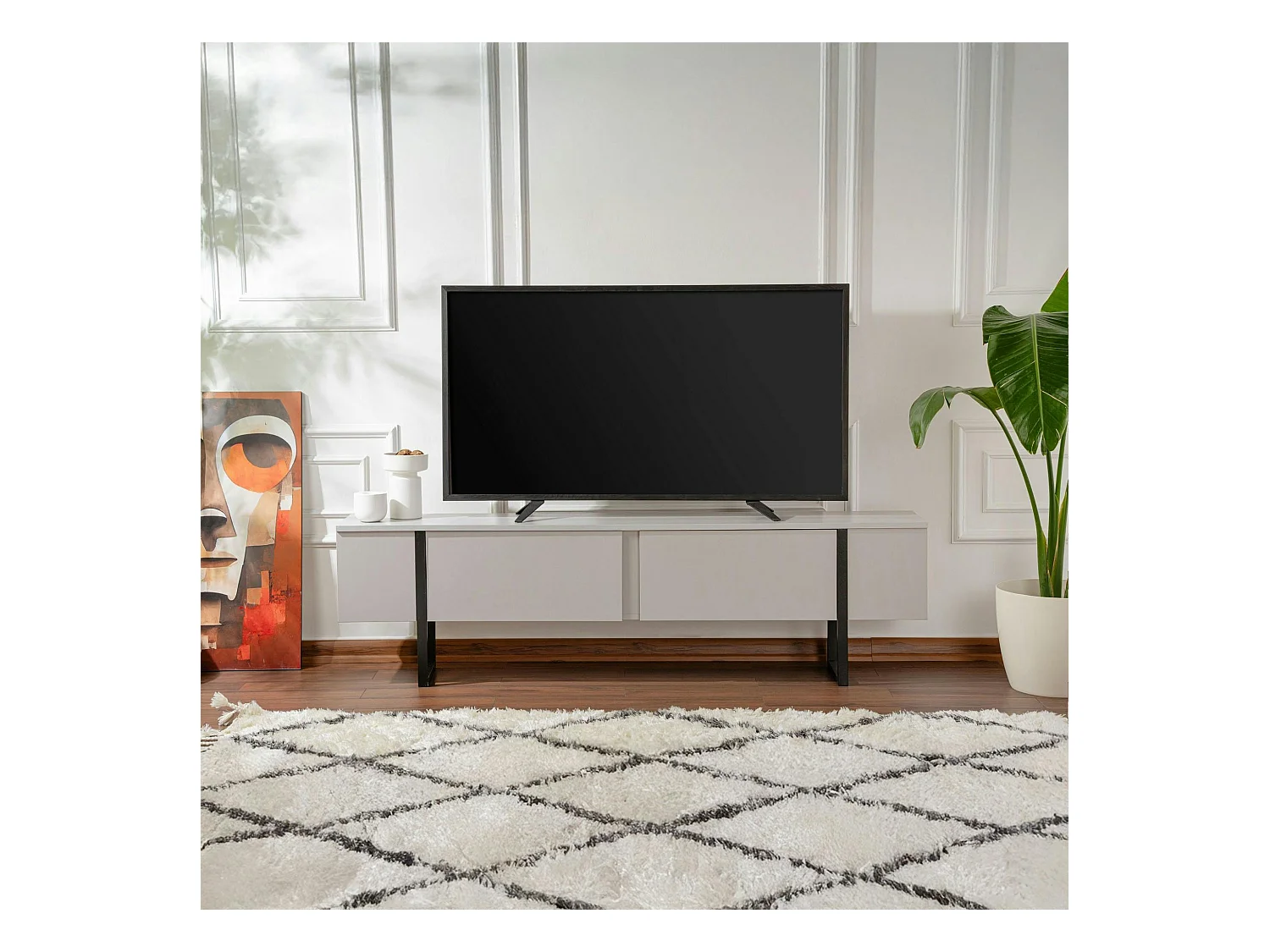 Meuble TV avec rangement - effet gris laqué, pieds noirs JENA