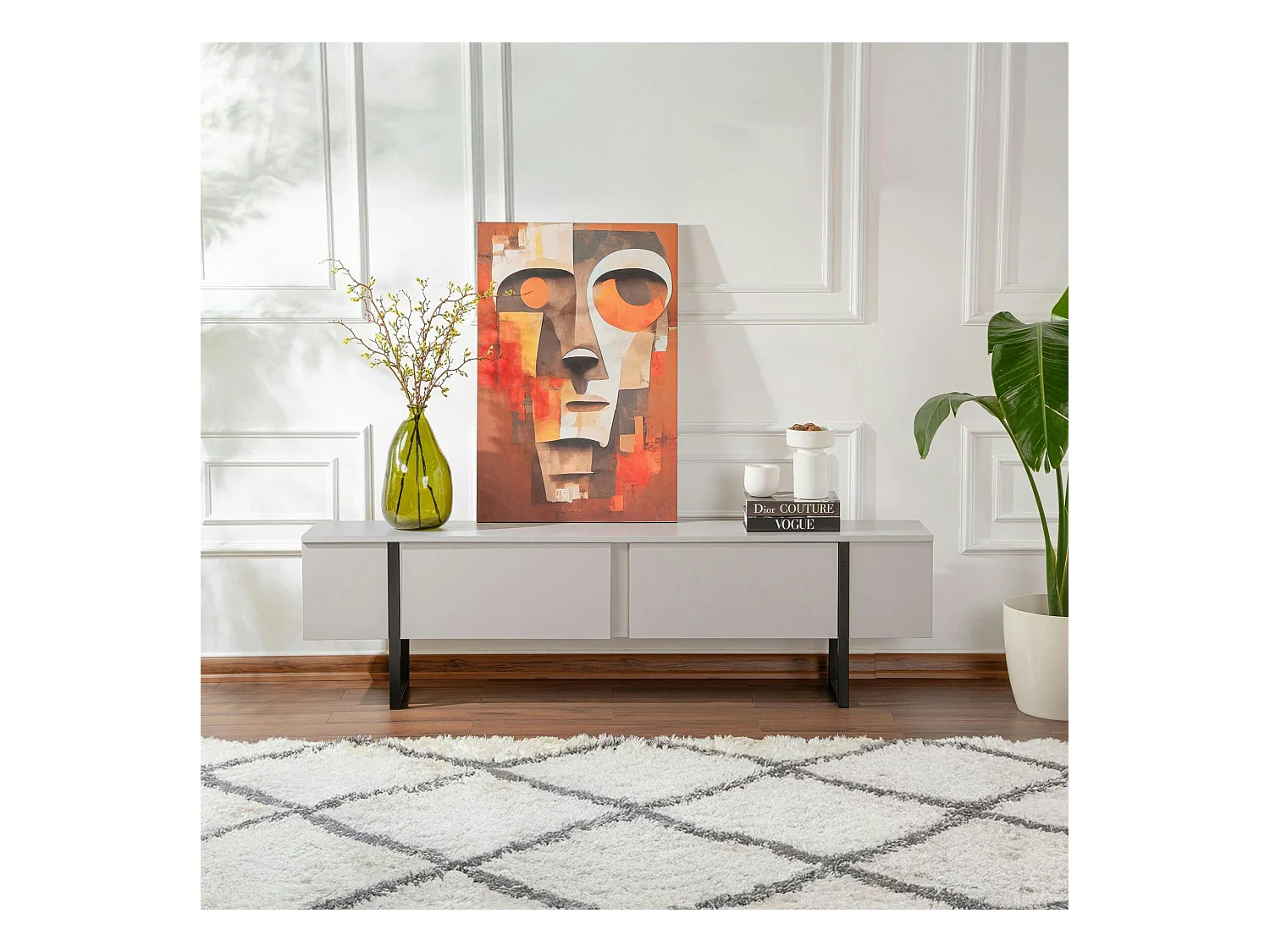 Meuble TV avec rangement - effet gris laqué, pieds noirs JENA