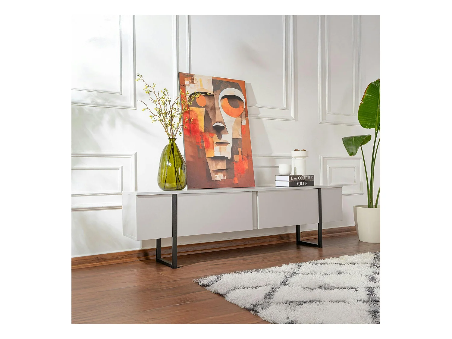 Meuble TV avec rangement - effet gris laqué, pieds noirs JENA