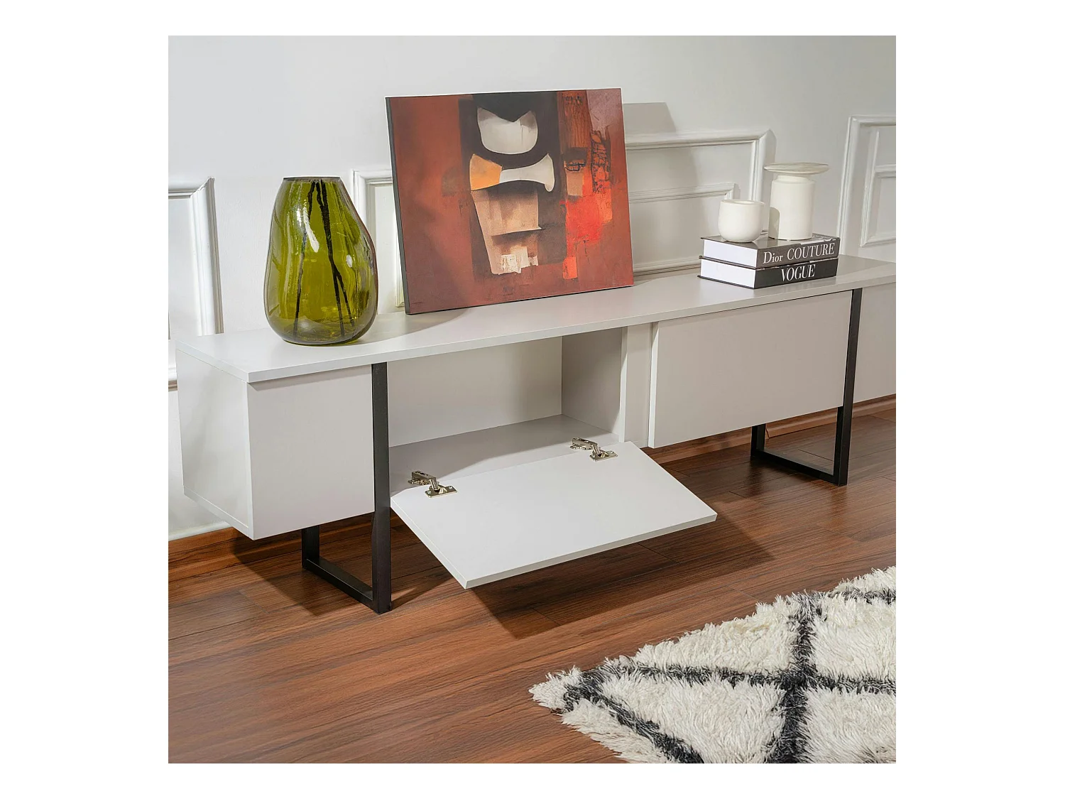 Meuble TV avec rangement - effet gris laqué, pieds noirs JENA